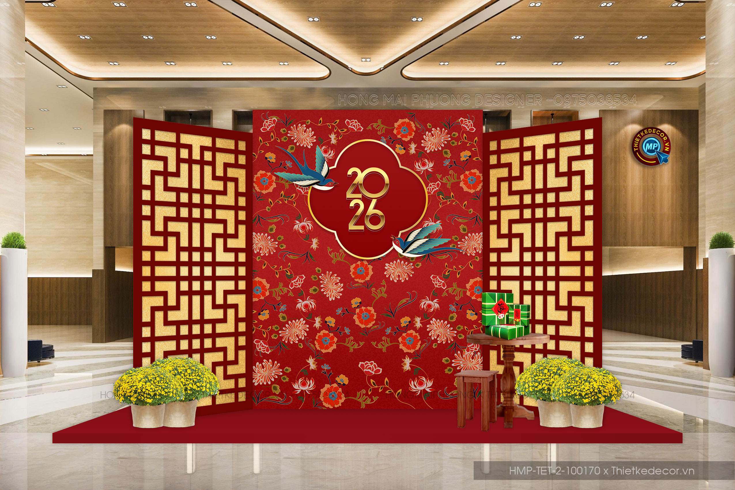 File thiết kế trang trí Tết 2026 Xuân Bính Ngọ. Backdrop checkin Tết.